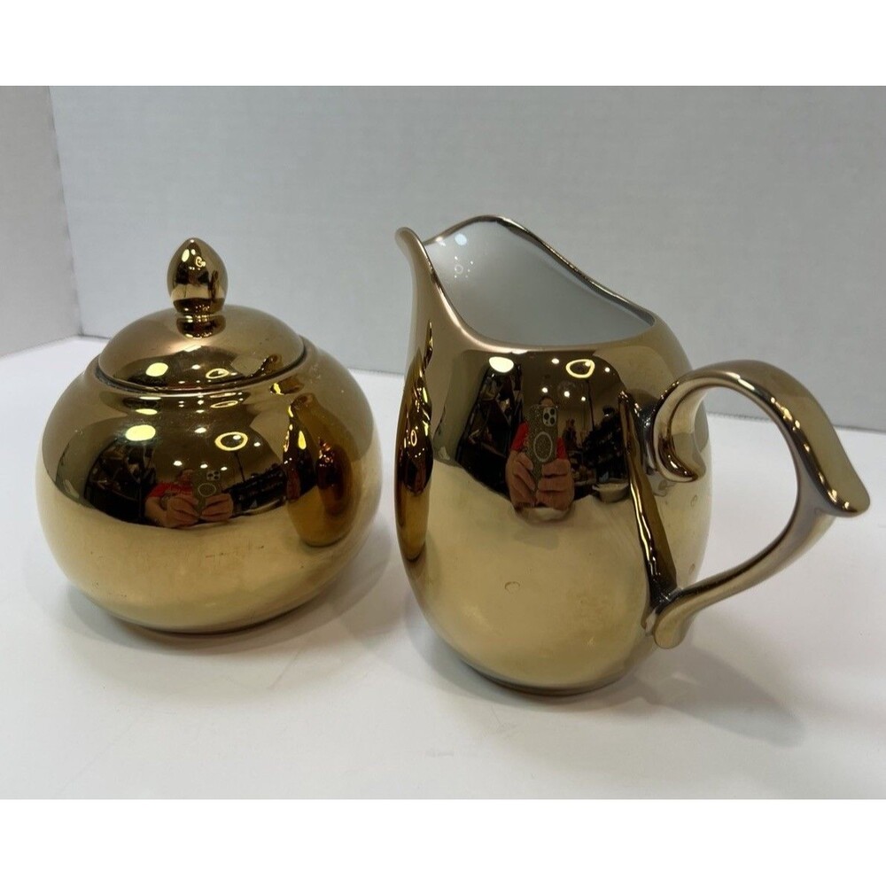 Vintage 1930s Golden Porcelain Gilded Sugar Creamer Set Luster USA High Gloss